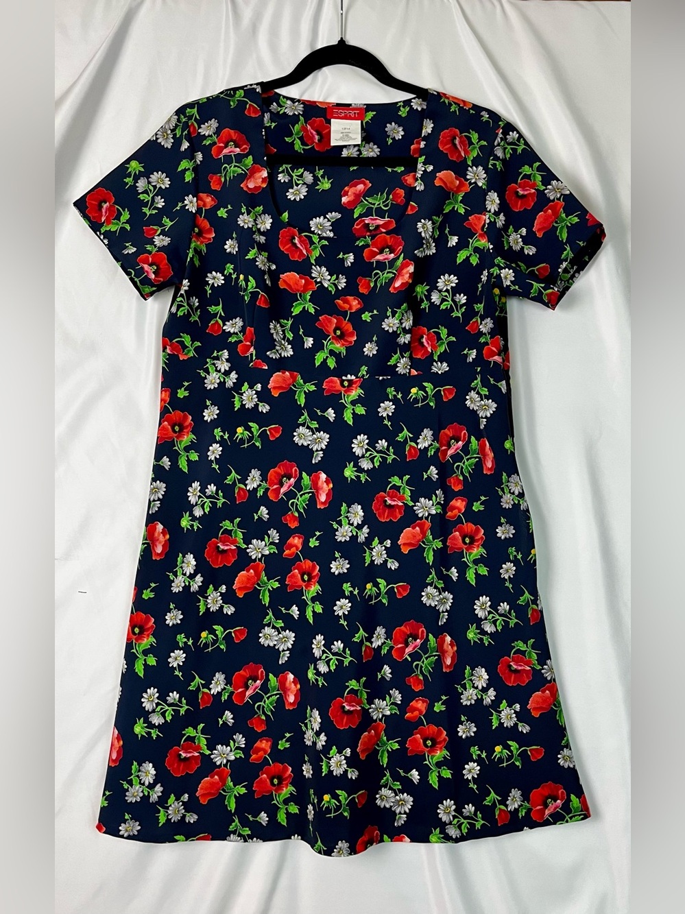 VTG Esprit Navy Dress with ditzy floral pattern 90s Grunge Y2K babydoll Sz 13/14